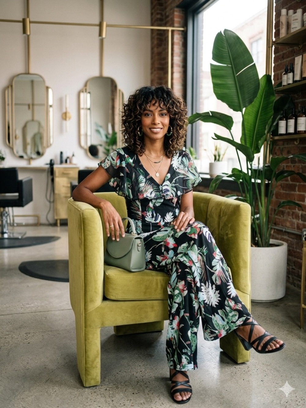 Cato Black Botanical V-Neck Wide-Leg Jumpsuit